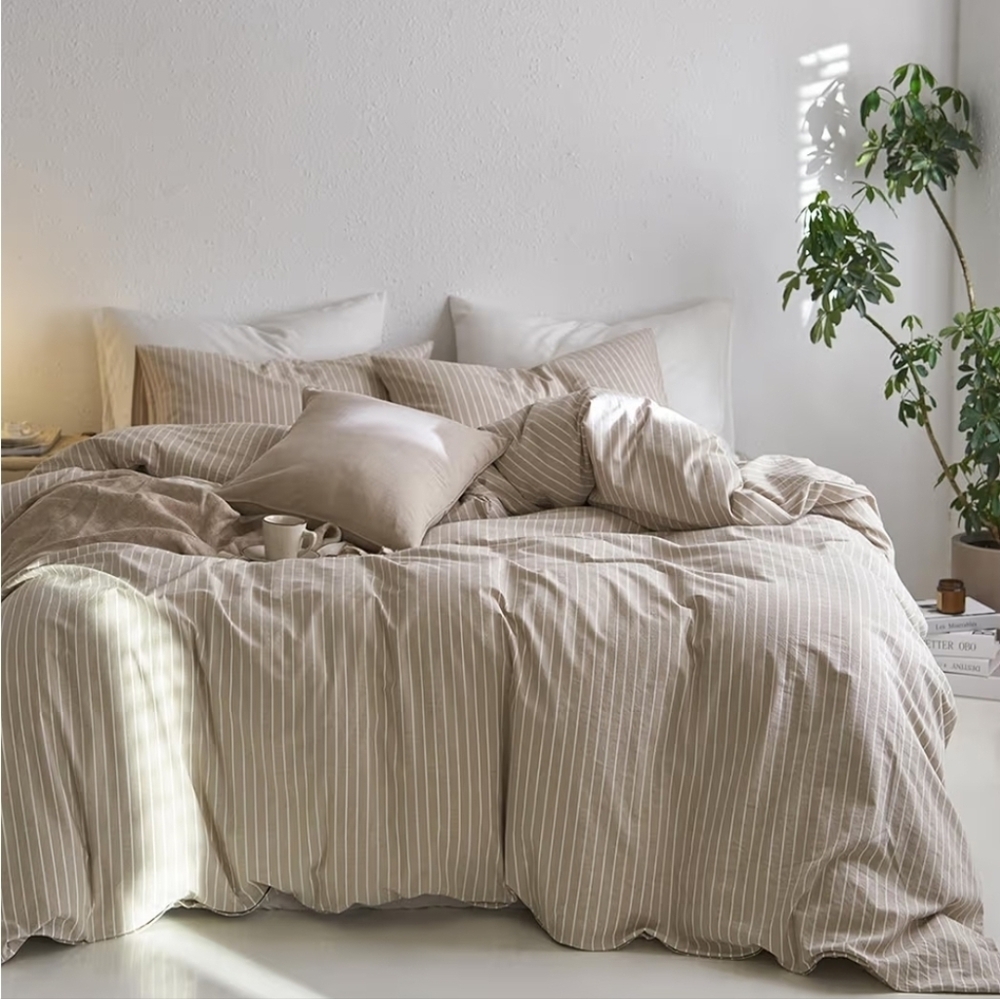 MooMee Striped Duvet Cover Set 100% Washed Cotton Linen-Like